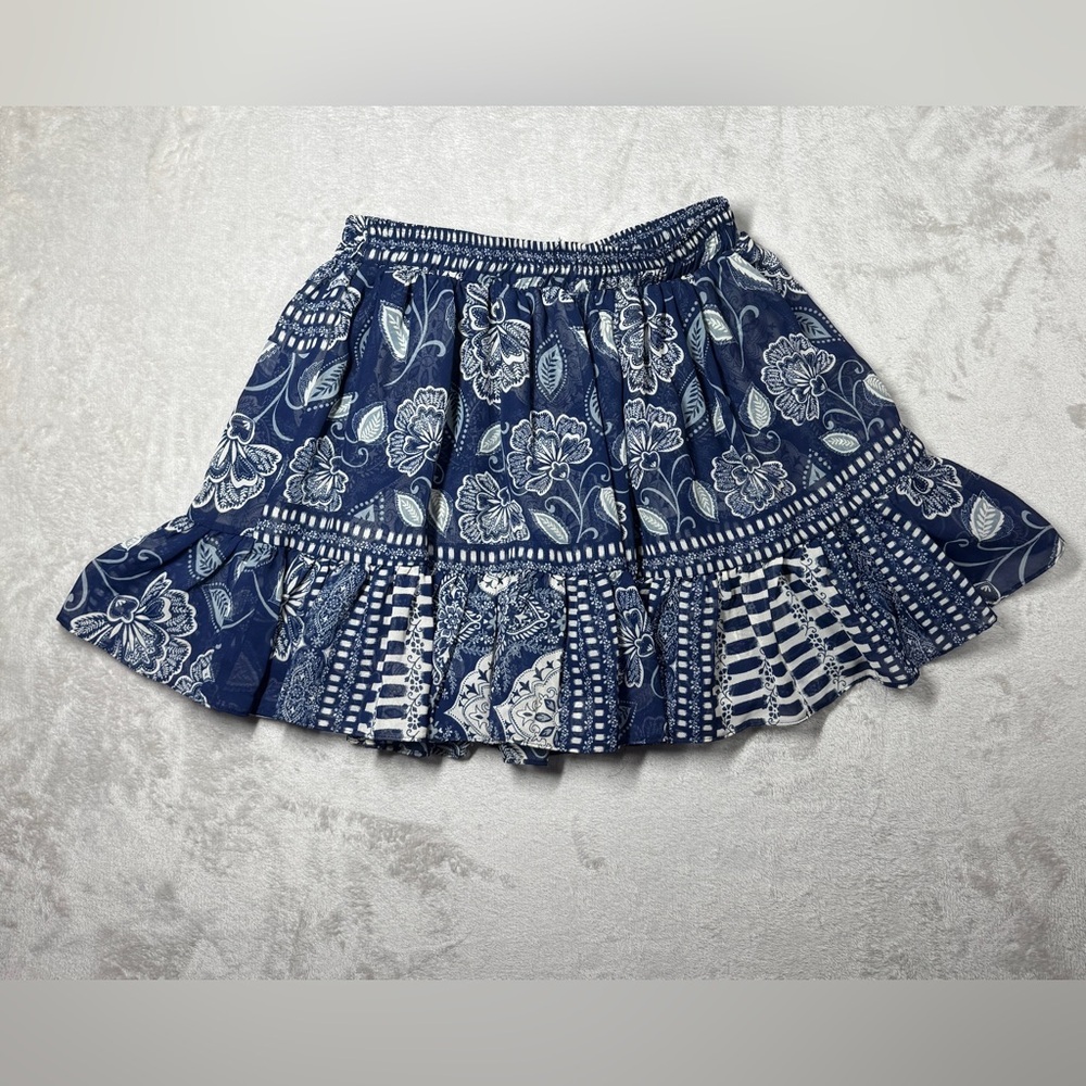 Misa Los Angeles Marion Navy Blue White Floral Paisley Ruffle Mini Skirt Small - Picture 7 of 12
